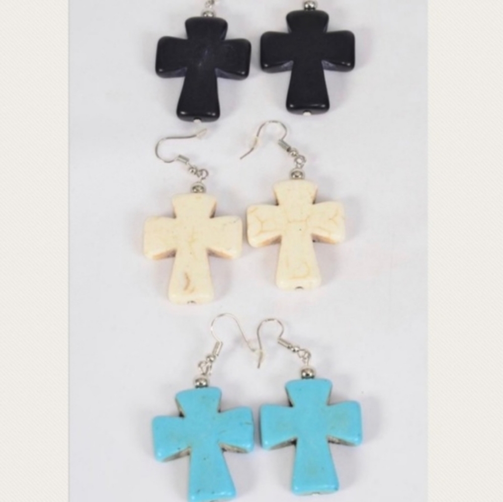 Cross Earrings BLUE Tourquise Semiprecious Stone Blu Southwestern pr of Earrings - Picture 5 of 6